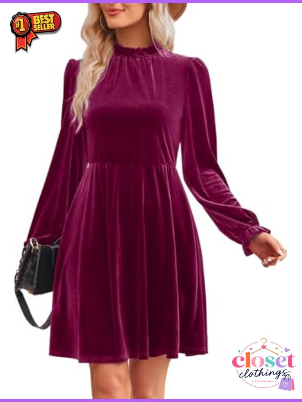 Velvet Long Sleeve Fit and Flare Mini Dress Puff Sleeve Wedding Guest